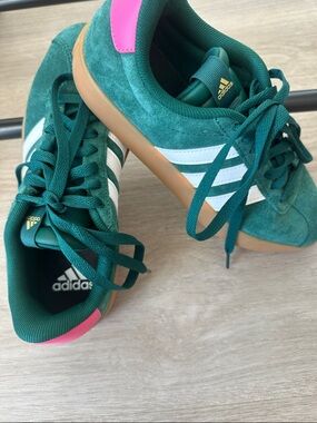 adidas Green Suede Sneakers with White Stripes and Pink Heel Tab